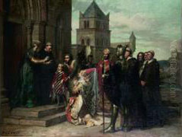 Sainte Rhingarde Entrant Au Monas-tere De Marsigny Oil Painting by Pierre Charles Comte