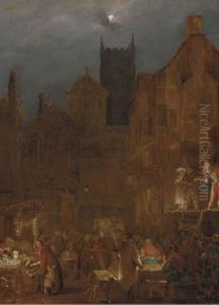 Figures In A Moonlit Market Before An Open Theatre Oil Painting by Condy, Nicholas Matthews