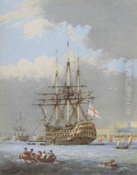 H.m.s Vincent Entering Plymouth Harbour Oil Painting by Condy, Nicholas Matthews