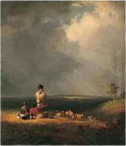 Shepherds On A Hillside With Their Flock Oil Painting by Condy, Nicholas Matthews