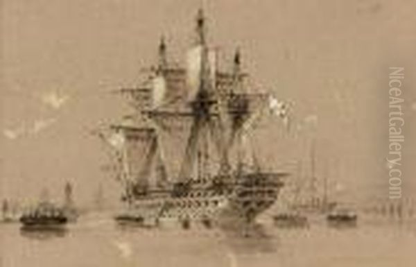 A Russian Man-o'war And Other 
Warships Lying In The Hamoaze,plymouth (illustrated); And A Royal Naval 
Frigate Under Full Sailin The Channel Oil Painting by Condy, Nicholas Matthews