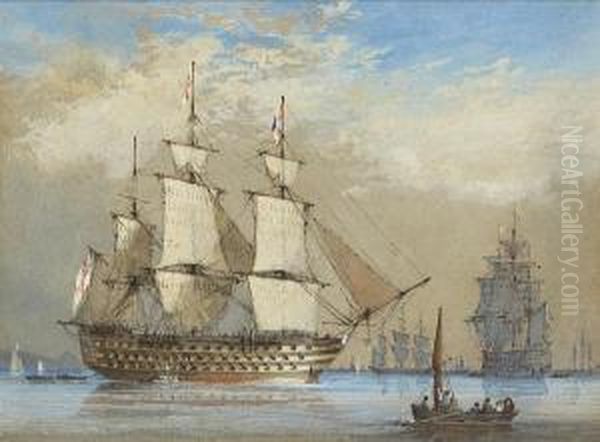 A Large First Rate At Anchor And
 Drying Her Sails, Probably In Plymouth Sound, With Other Ships Of The 
Fleet Beyond Oil Painting by Condy, Nicholas Matthews