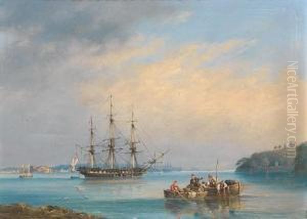 A Frigate Of The Royal Navy At Anchor In The Barn Pool, Off Mount Edgcumbe, Plymouth Oil Painting by Condy, Nicholas Matthews