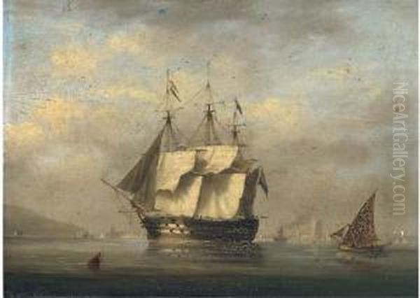 A British Two-decker Arriving At
 Lisbon And Preparing To Anchorwith The Belem Tower Off Her Stern Oil Painting by Condy, Nicholas Matthews