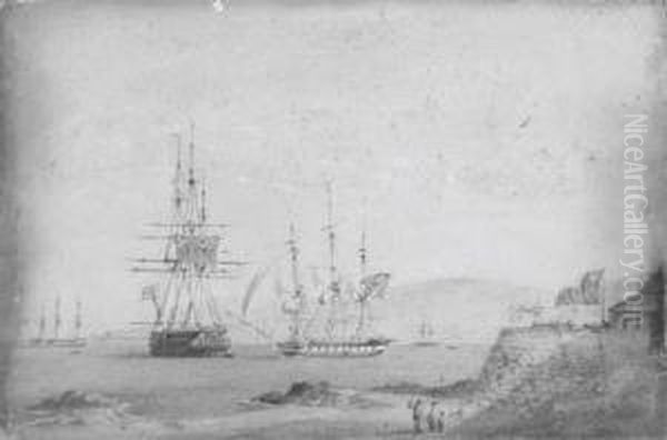 A British Frigate Getting Under 
Way Off A Chilean Fortress, A British Two-decker And A French Frigate 
Anchored Nearby Oil Painting by Condy, Nicholas Matthews