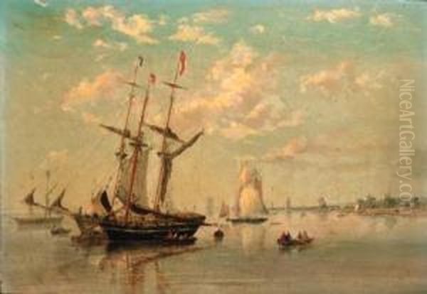 Schooners At Their Moorings Before A Low Countries Port Oil Painting by Condy, Nicholas Matthews