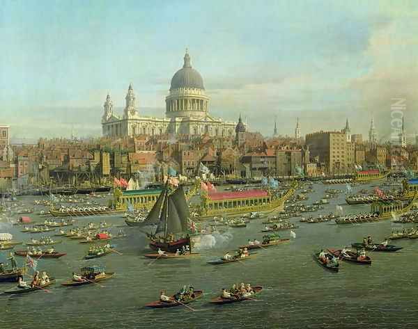 The River Thames with St. Paul's Cathedral on Lord Mayor's Day, detail of St. Paul's Cathedral, c.1747-48 Oil Painting by (Giovanni Antonio Canal) Canaletto