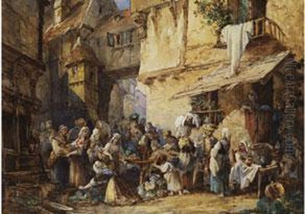 Markttag In Einem Stadtchen Der Normandie Oil Painting by Auguste-Aristide-Fernand Constantin