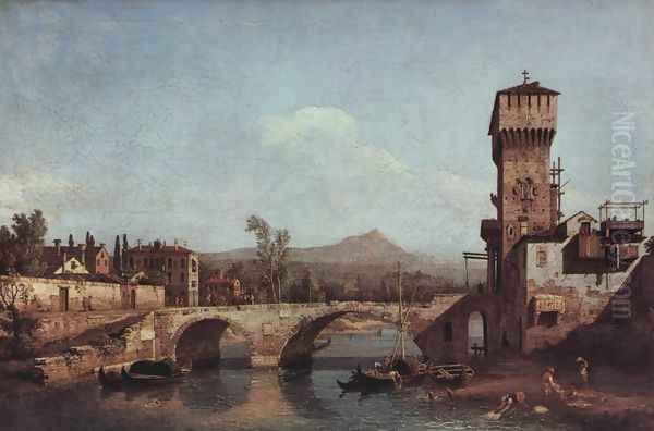 Capriccio Veneto, river, bridge and medieval town gate Oil Painting by (Giovanni Antonio Canal) Canaletto