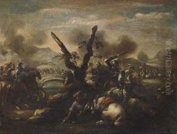 A Battle Scene With A Siege On A Bridge In The Background Oil Painting by Francesco Conti