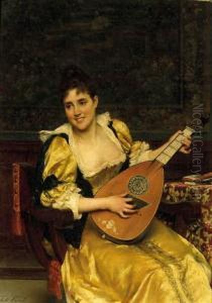 Playing The Lute Oil Painting by Tito Conti