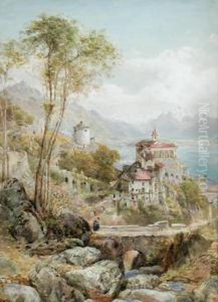 View Of An Italian Castle By A Lake Oil Painting by Ebenezer Wake Cook