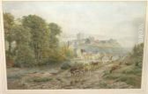 View Of Richmond Castle With Cattle Watering Beside The River Swale Oil Painting by Ebenezer Wake Cook