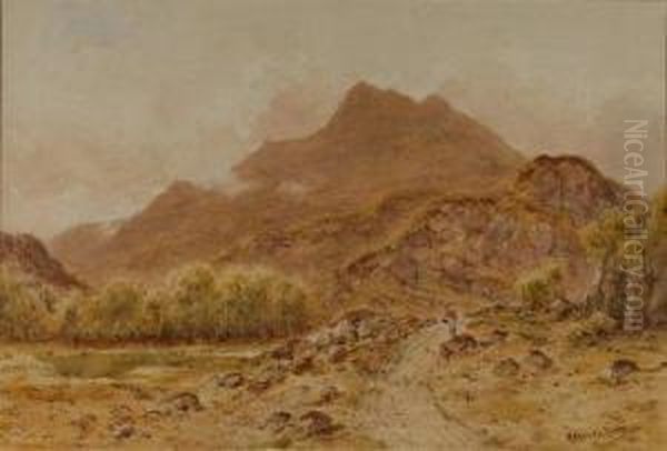 Mountainous Landscape With A Figure On Arocky Path By A Pond Oil Painting by Herbert Moxon Cook