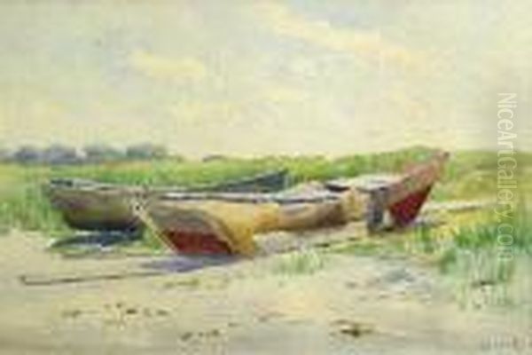 Boats On A Beach; Together With A Watercolor Of A Ship By Joseph T. Higgins (2) Oil Painting by John A. Cook