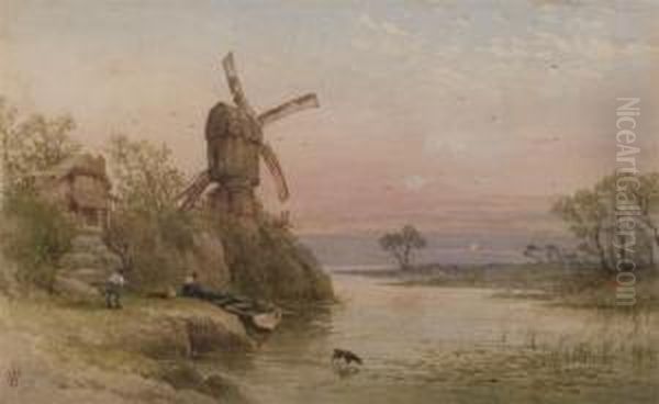 A Windmill By A River At Dusk Oil Painting by William Cook Of Plymouth