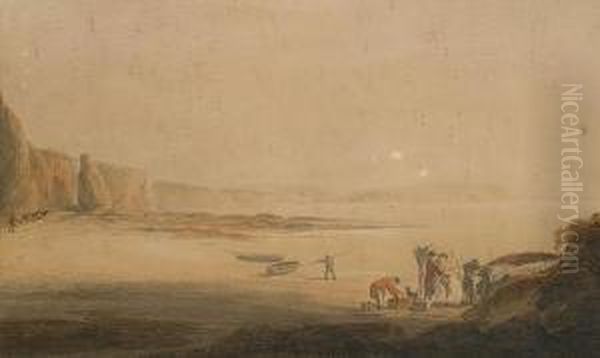 Fisher Folk On The Shore At Low Tide. Oil Painting by William Cook Of Plymouth