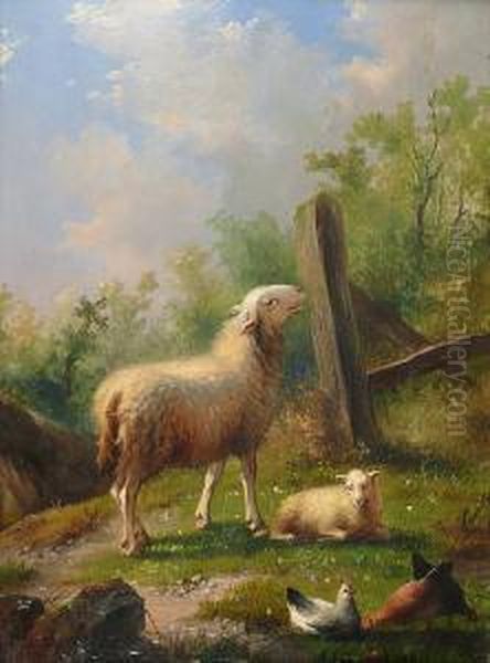 Poules Et Moutons Oil Painting by Auguste Coomans