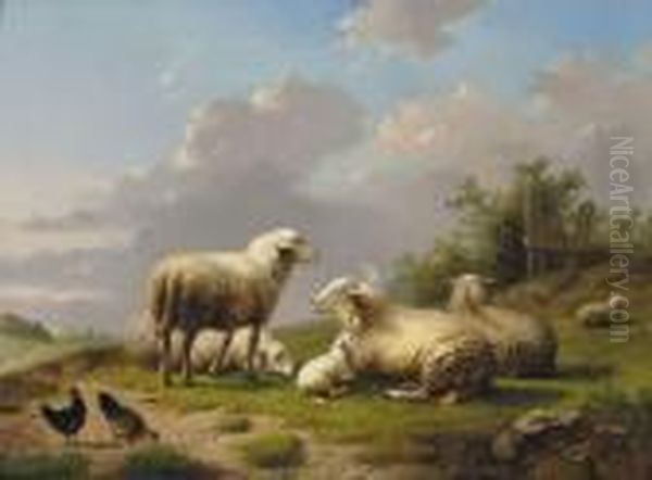 Schapen En Kippen In Eenlandschap Oil Painting by Auguste Coomans