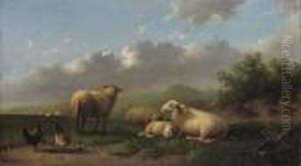 Sheep And Chickens In A Meadow Oil Painting by Auguste Coomans