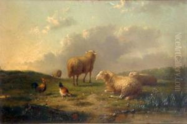 Sheep And Chickens In A Landscape Oil Painting by Auguste Coomans