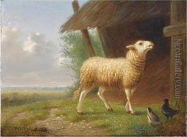 A Sheep And Chickens Near A Stable Oil Painting by Auguste Coomans