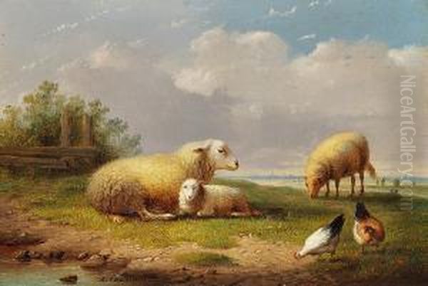 Sheep And Chickens In A Summer Landscape Oil Painting by Auguste Coomans