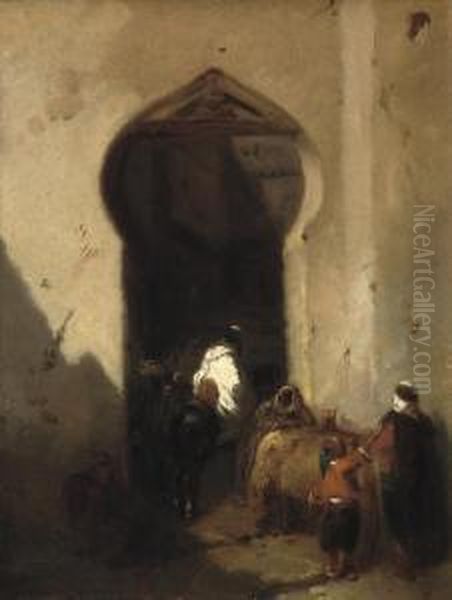 Arabs By A City Gate Oil Painting by Pierre Oliver Joseph Coomans