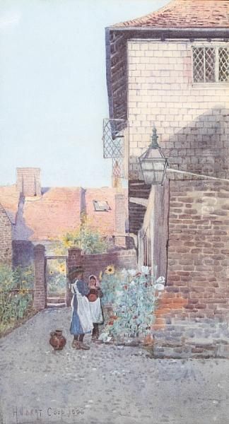 Two Young Girls In A Cobbled Courtyard Oil Painting by Hubert Coop