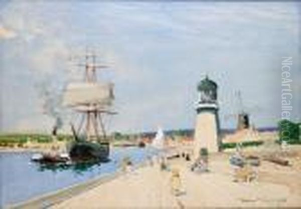 A Port Scene With Figures On A Jetty, Possibly Holland Oil Painting by Hubert Coop