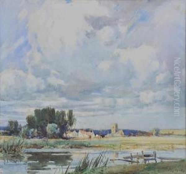 River Landscape With Village Beyond Oil Painting by Hubert Coop