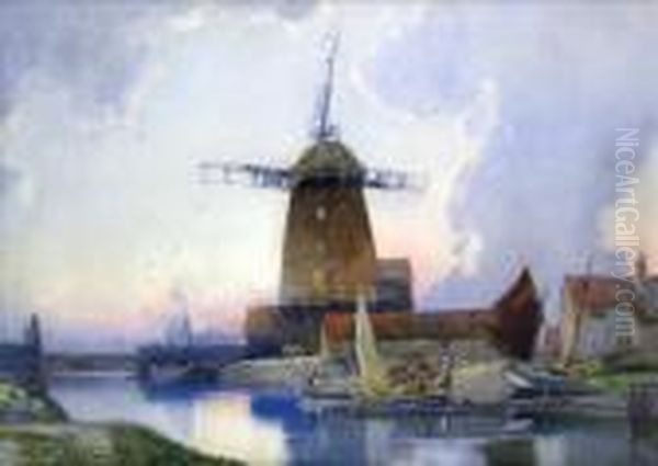 Evening Light, A Dutchfishing Village With Windmill Oil Painting by Hubert Coop