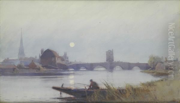 St. Ives, Huntingdon,a Moonlight Scene With Angler In A Punt by Hubert Coop