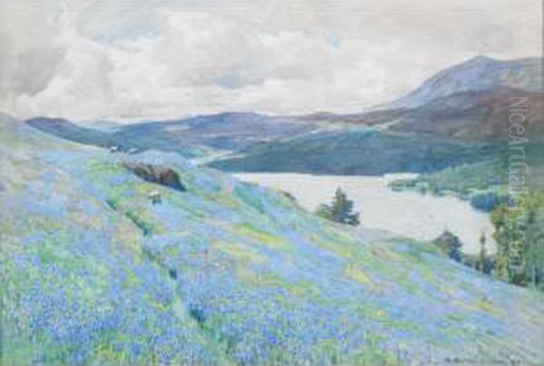 Sheep Grazing On A Spring Hillside With Bluebells Oil Painting by Alfred Heaton Cooper