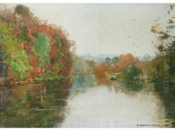 An Autumnal Lake Scene Oil Painting by Alfred Heaton Cooper