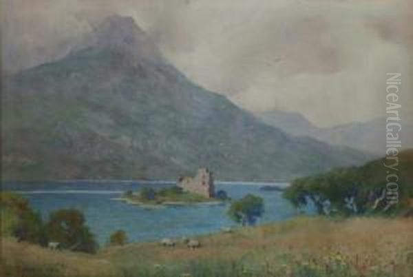 A Scottish Summer Landscape With Ruin On A Loch Island, Mountains Beyond. Oil Painting by Alfred Heaton Cooper