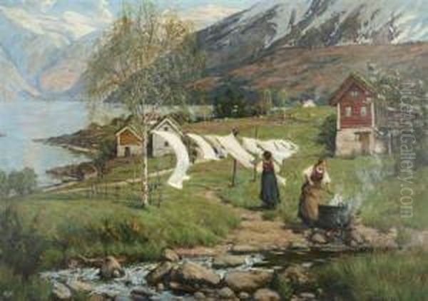 Laundry By The Lake Oil Painting by Alfred Heaton Cooper