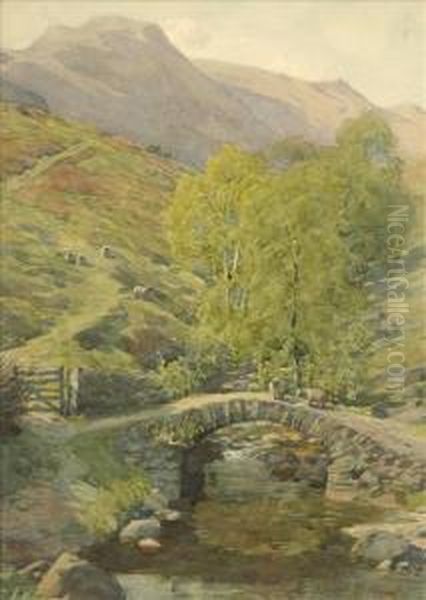 A Lakelandbridge, A Summer Upland Scene With Sheep Oil Painting by Alfred Heaton Cooper