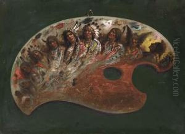 Trompe L'oeil Of Artist's Palette With Indians Oil Painting by Astley David Middleton Cooper