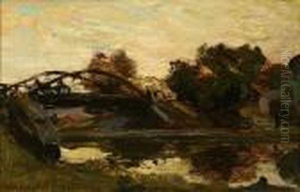 Figures, Horse And Cart Crossing A Bridge In A Summer Landscape Oil Painting by Colin Campbell Cooper