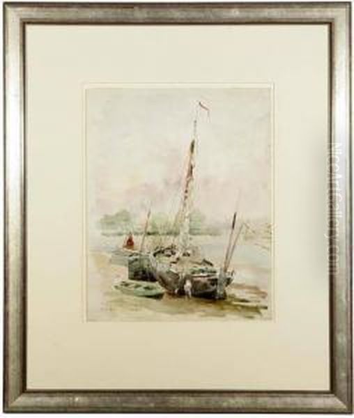 European Beached Sailboat Oil Painting by Colin Campbell Cooper