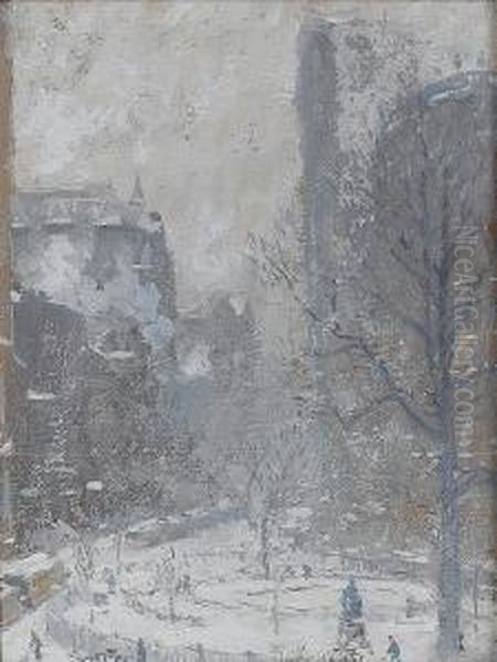 Bowling Green In A Blizzard, New York Oil Painting by Colin Campbell Cooper