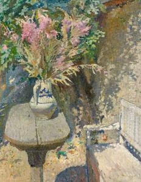 Blumenstrauss Auf Einem Tisch Im Garten. Oil Painting by Colin Campbell Cooper