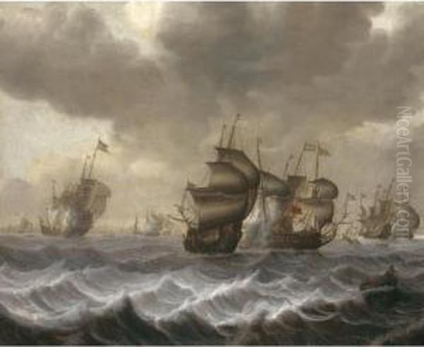 A Naval Engagement Oil Painting by Pieter Jansz. Coopse