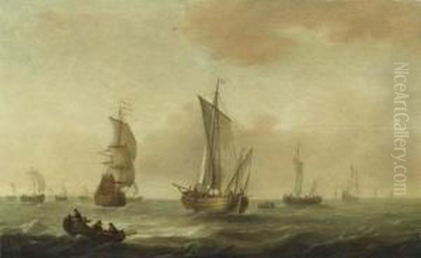 Fishermen In Rowing Boat Before Numerous Sailing Ships. Oil Painting by Pieter Jansz. Coopse