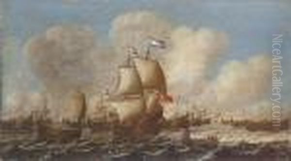 A Dutch Fishing Fleet In Choppy Waters Oil Painting by Pieter Jansz. Coopse