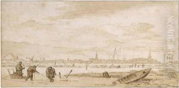 Winter Landscape With Men Fishing Through The Ice, And A Town Behind Oil Painting by Pieter Jansz. Coopse