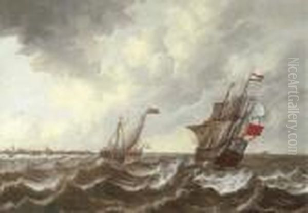 A Dutch Threemaster And Other 
Shipping In A Stiff Breeze With Middelburg, Flushing And Fort Rammekens 
In The Distance Oil Painting by Pieter Jansz. Coopse