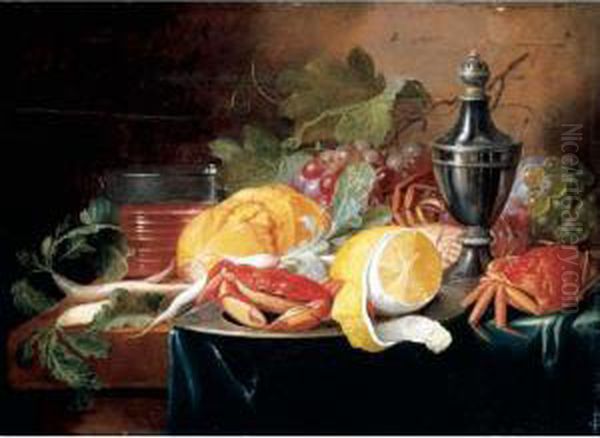 A Still Life With Grapes, A Lemon, Crabs And Bread Upon Pewter Dishes Oil Painting by Alexander Coosemans