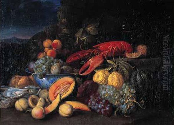 Nature Morte Aux Fruits, Au Homard Et Aux Huitres Dans Un Paysage. Oil Painting by Alexander Coosemans